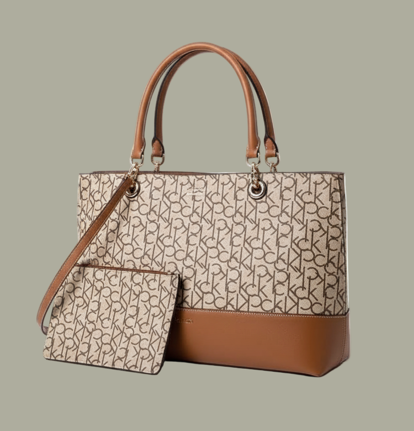 CALVIN KLEIN TOTE IN SIGNATURE LOGO BEIGE/BROWN- XL OPEN WITH LARGE ZIP POUCH & LONG STRAP