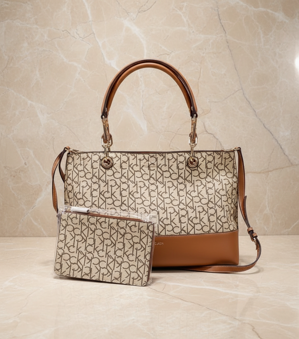 CALVIN KLEIN TOTE IN SIGNATURE LOGO BEIGE/BROWN- XL OPEN WITH LARGE ZIP POUCH & LONG STRAP