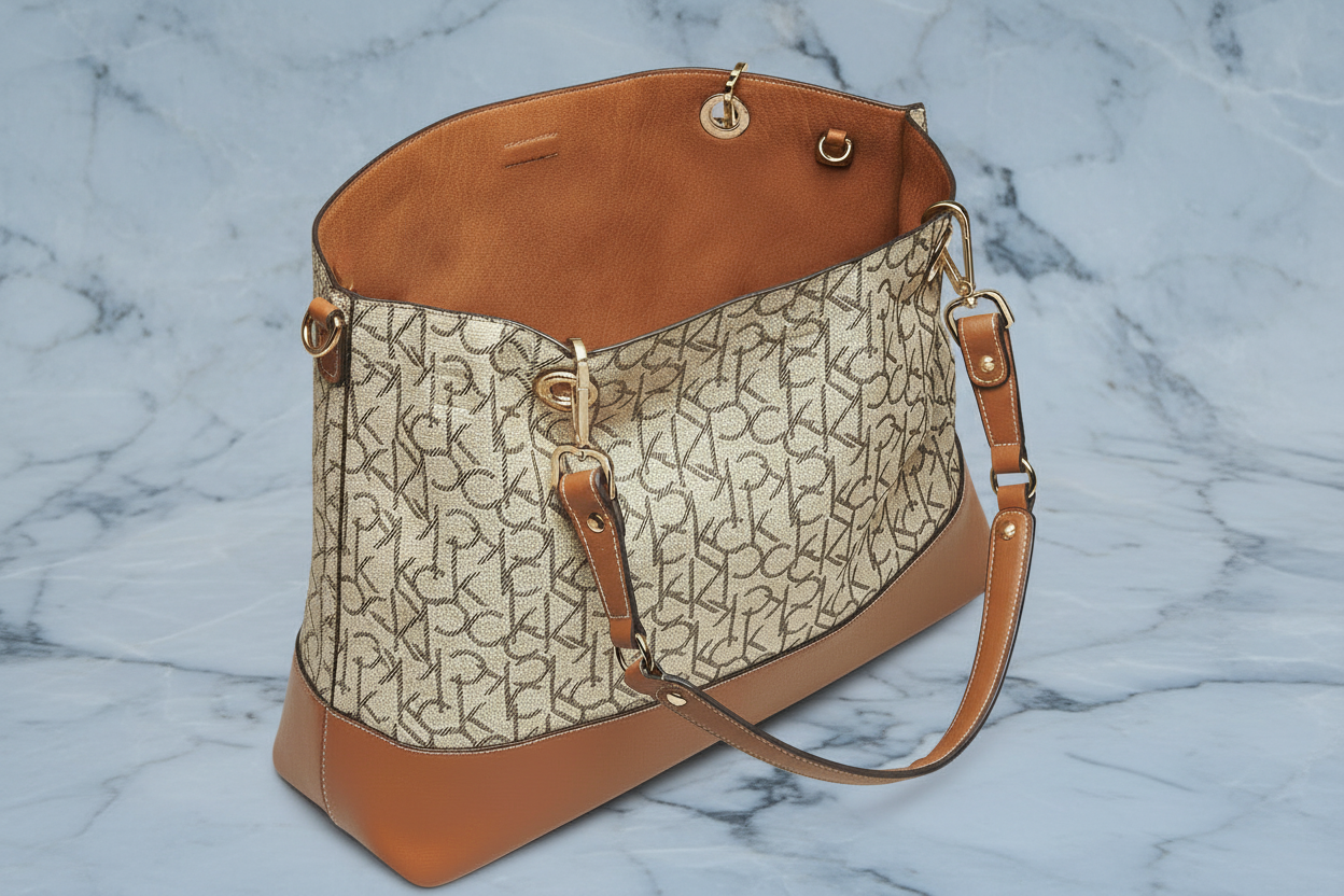 CALVIN KLEIN TOTE IN SIGNATURE LOGO BEIGE/BROWN- XL OPEN WITH LARGE ZIP POUCH & LONG STRAP