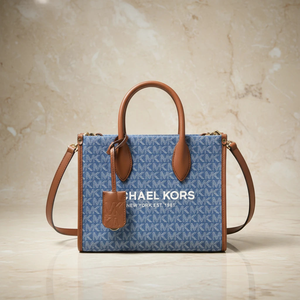 MICHAEL KORS MIRELLA SMALL SHOPPER TOP ZIP CROSSBODY BAG - DENIM MULTI LOGO