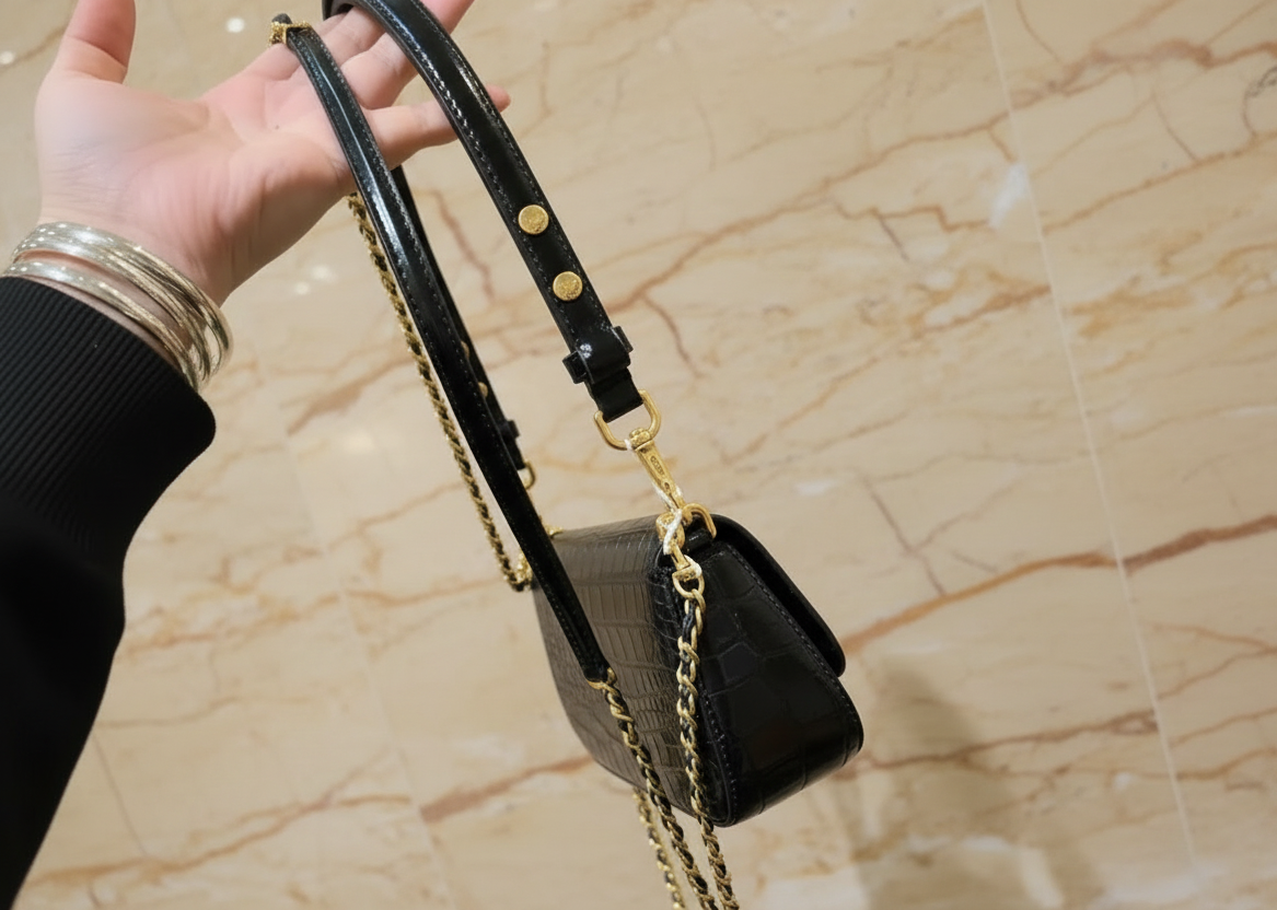 TORY BURCH EMBOSSED CROC BRITTEN CONVERTIBLE SHOULDER BAG/XBODY BAG - BLACK