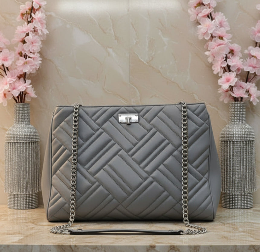 MICHAEL KORS PEYTON QUILTED LARGE CHAIN LINK TOTE CONVERTIBLE - PEARL GRAY