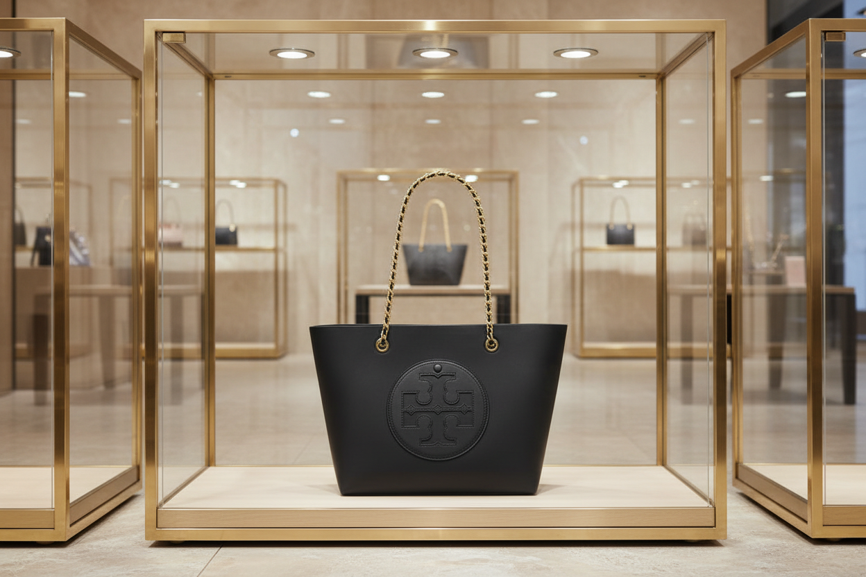 TORY BURCH ELLA PUPPY MAGNETIC CLOSURE CHAIN TOTE - BLACK