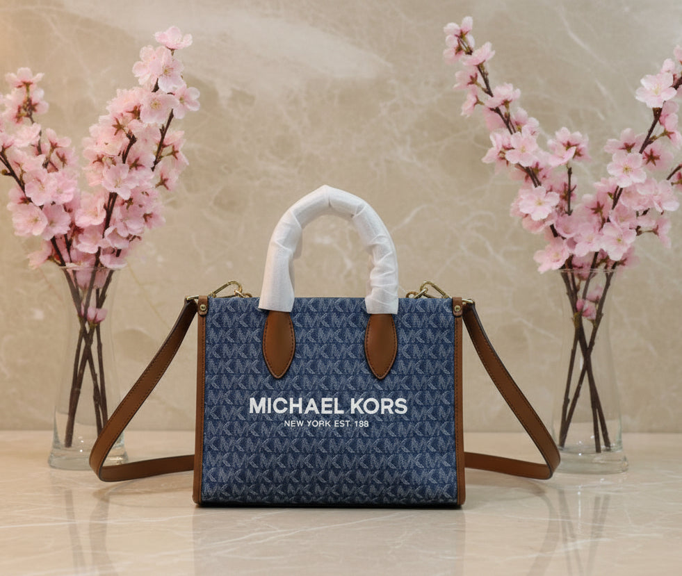 MICHAEL KORS MIRELLA SMALL SHOPPER TOP ZIP CROSSBODY BAG - DENIM MULTI LOGO