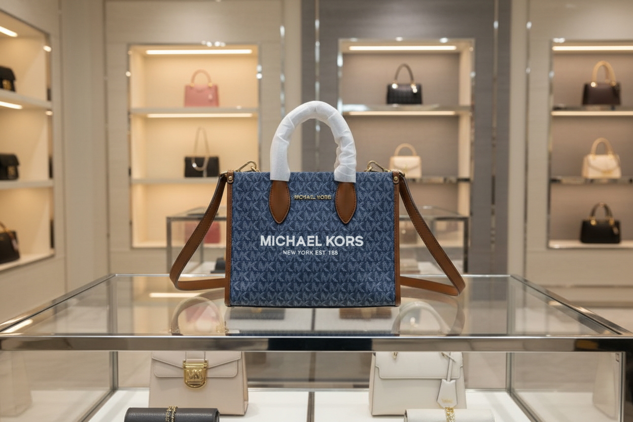 MICHAEL KORS MIRELLA SMALL SHOPPER TOP ZIP CROSSBODY BAG - DENIM MULTI LOGO