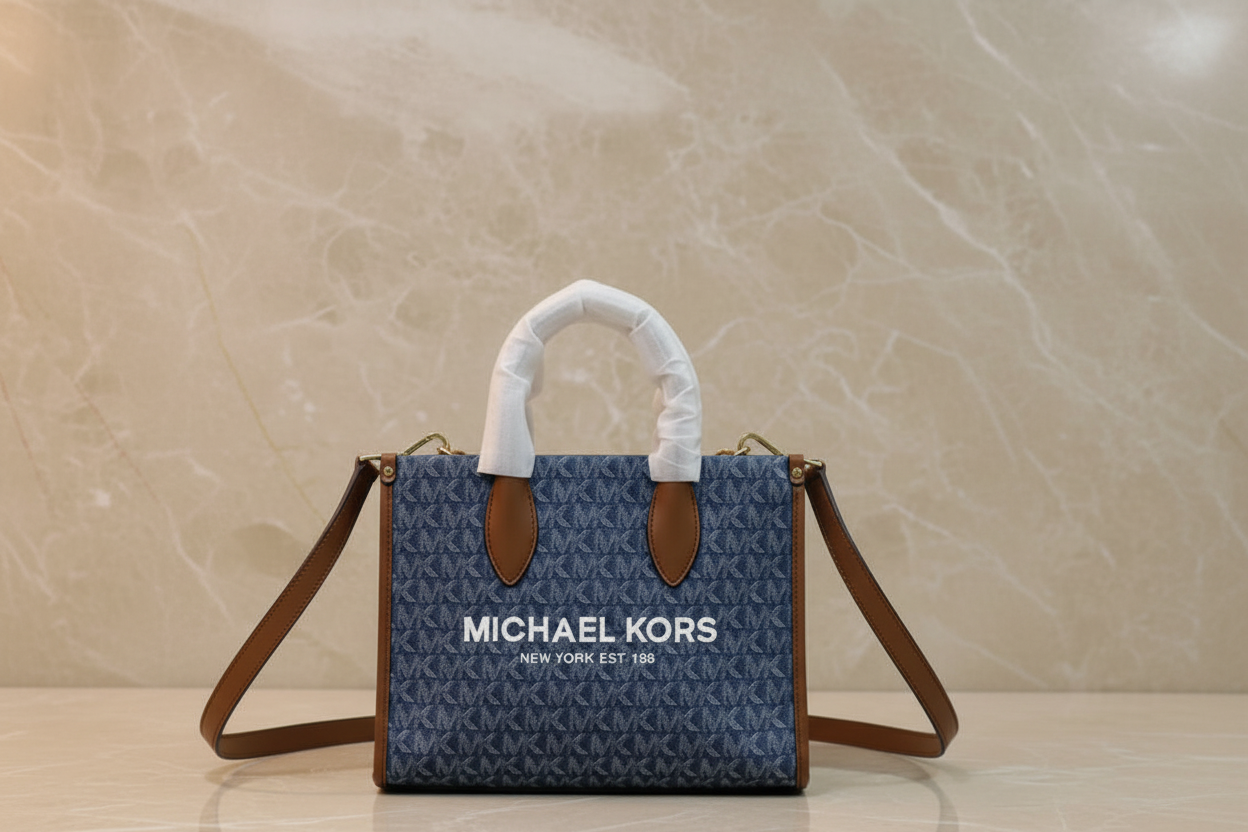 MICHAEL KORS MIRELLA SMALL SHOPPER TOP ZIP CROSSBODY BAG - DENIM MULTI LOGO