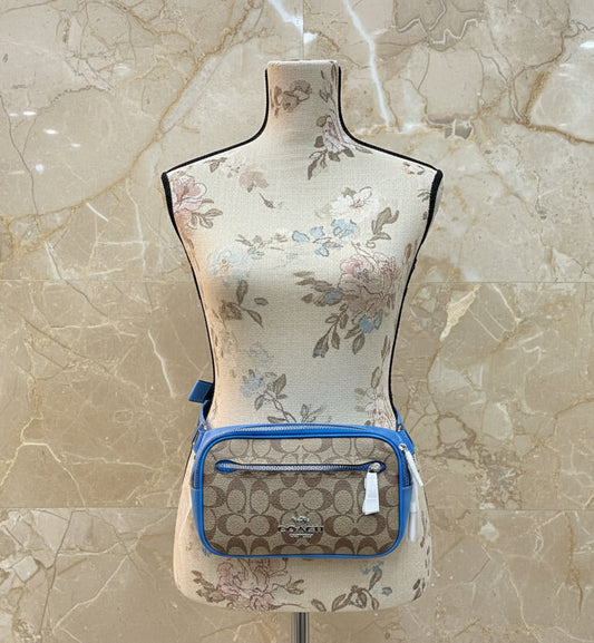 حقيبة خصر/حقيبة صدر/حقيبة جسم من كوتش إلياس، مصنوعة من قماش مميز بألوان متداخلة - كاكي/أزرق سباق