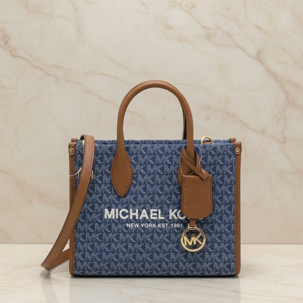 MICHAEL KORS MIRELLA SMALL SHOPPER TOP ZIP CROSSBODY BAG - DENIM MULTI LOGO