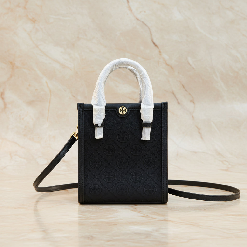 TORY BURCH MINI JACQUARD T MONOGRAM TOTE BLACK