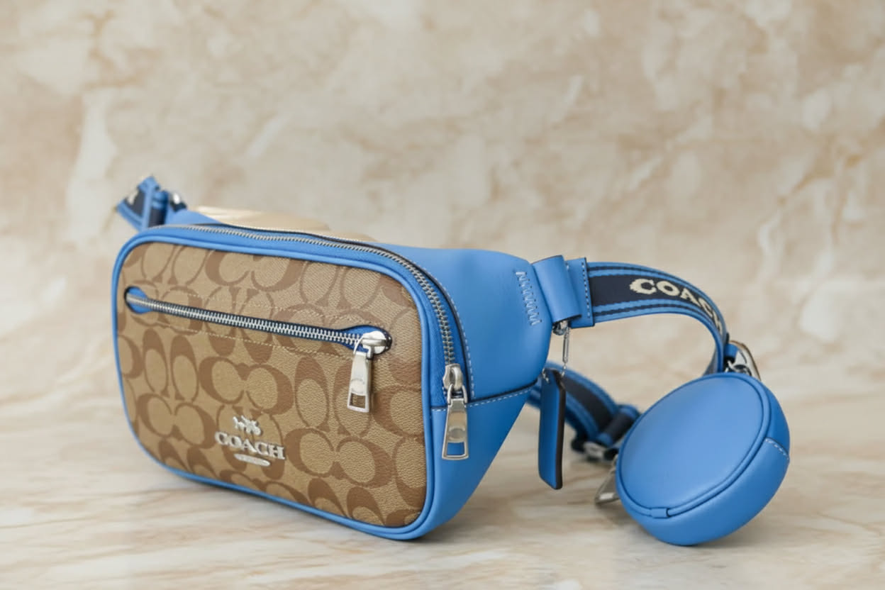 COACH ELIAS BELTBAG/ CHEST BAG/BODY BAG IN COLORBLOCK SIGNATURE CANVAS - KHAKI/RACER BLUE