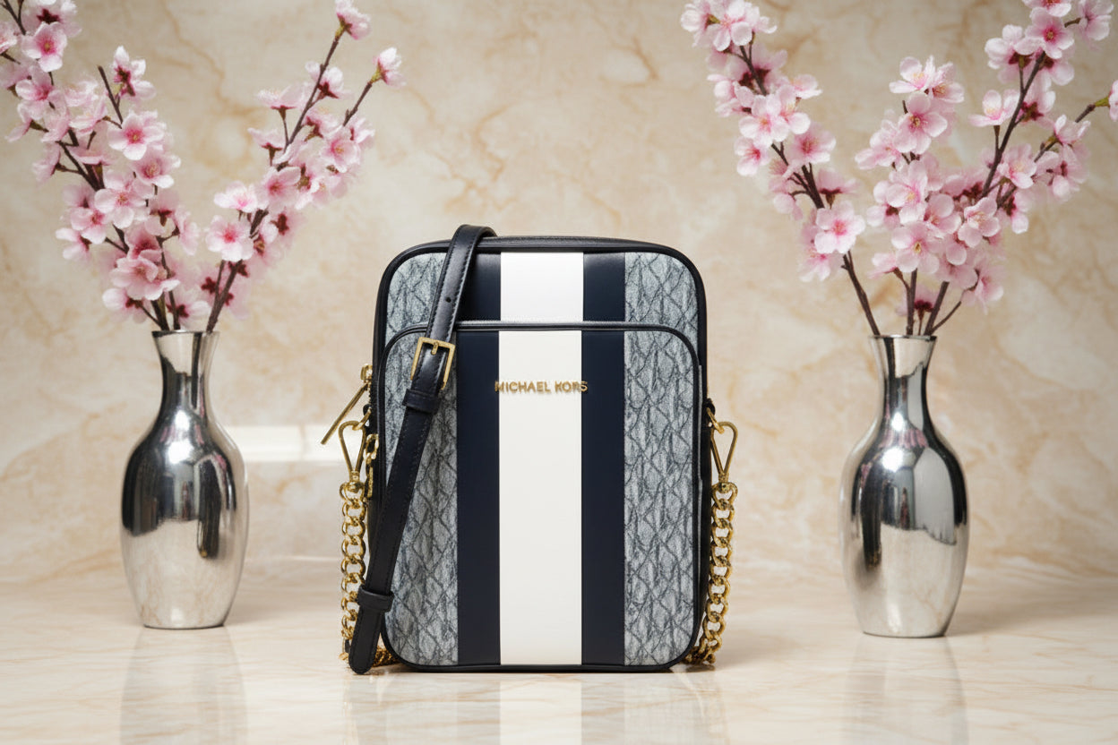 MICHAEL KORS - BELOW SRP WITH FLAWS IN FRONT - SLIGHT MARK LIKE PEN - JET SET TRAVEL LOGO STRIPE CROSSBODY BAG