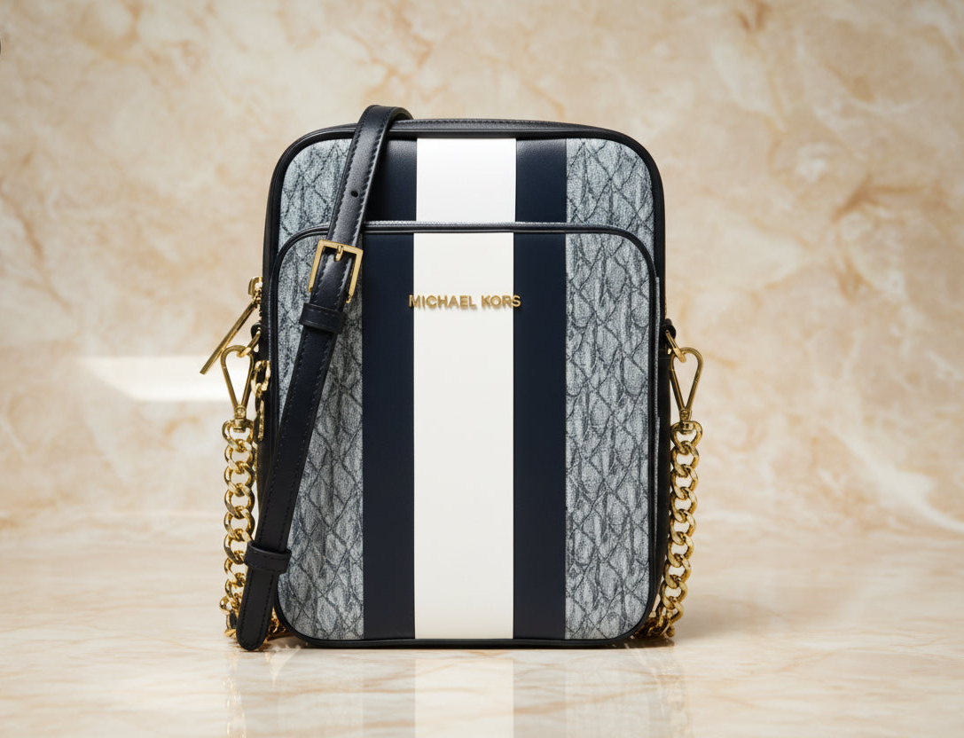MICHAEL KORS - BELOW SRP WITH FLAWS IN FRONT - SLIGHT MARK LIKE PEN - JET SET TRAVEL LOGO STRIPE CROSSBODY BAG