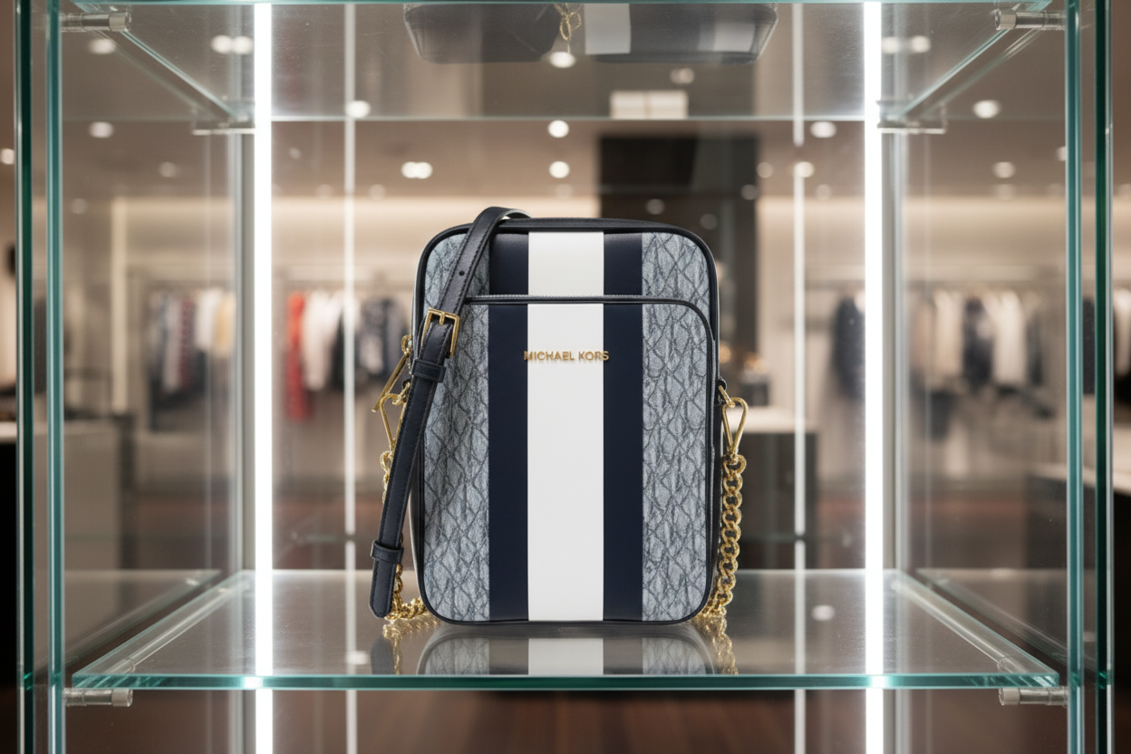 MICHAEL KORS - BELOW SRP WITH FLAWS IN FRONT - SLIGHT MARK LIKE PEN - JET SET TRAVEL LOGO STRIPE CROSSBODY BAG