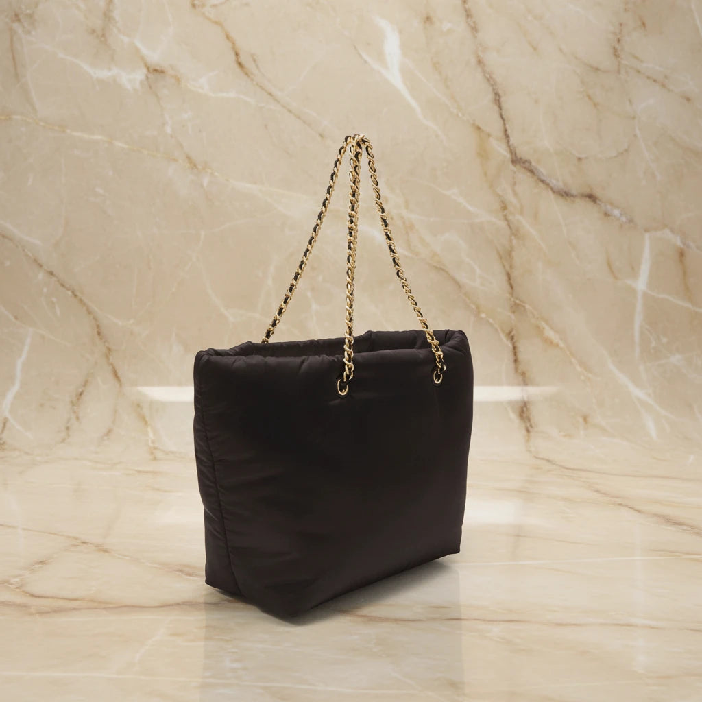 TORY BURCH ELLA PUPPY MAGNETIC CLOSURE CHAIN TOTE - BLACK