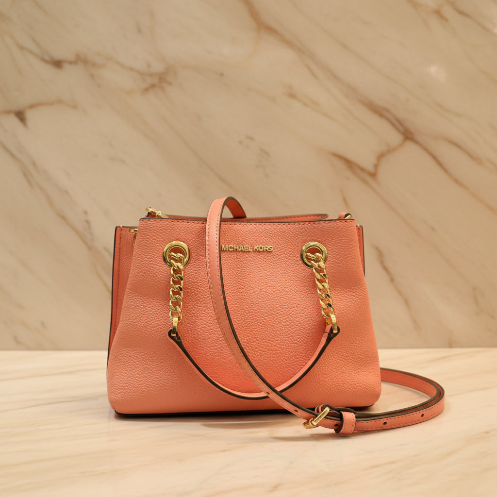 MICHAEL KORS SMALL TEAGEN LEATHER SATCHEL - PEACH