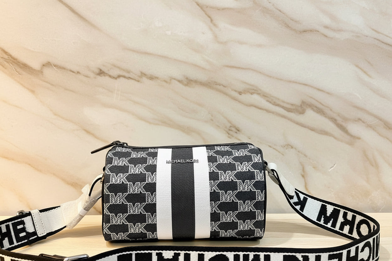 MICHAEL KORS COOPER MINI DUFFLE CROSSBODY IN SIGNATURE CANVAS STRIPE NWT BLACK MULTI