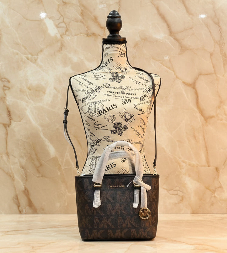 MICHAEL KORS JET SET TRAVEL ZIP TOTE XS LOGO BLACK BROWN COLOR