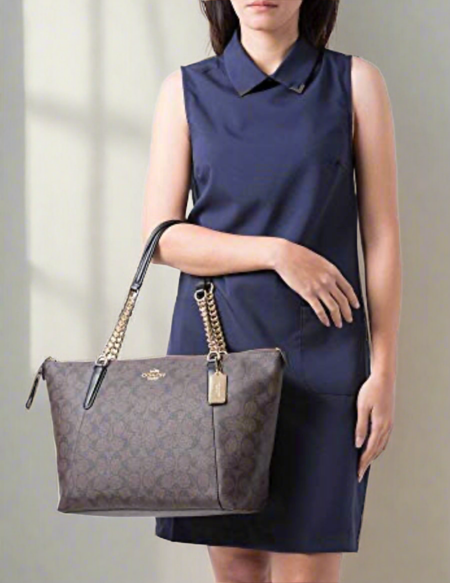 COACH AVA LARGE ZIP TOP TOTE IN SIGNATURE BLACK BROWN