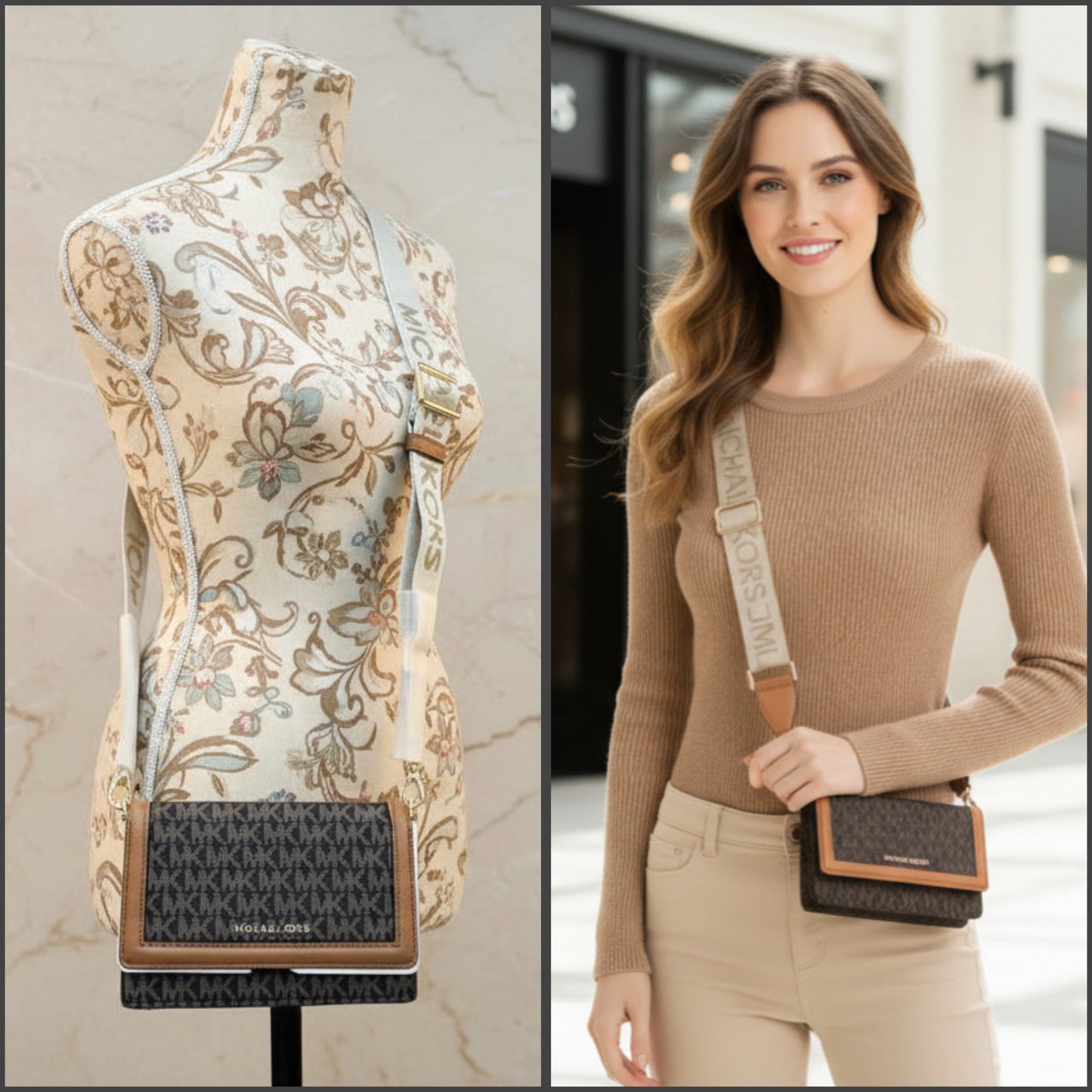 MICHAEL KORS JET SET LOGO SMARTPHONE CROSSBODY BAG- BROWN ACORN - WOVEN