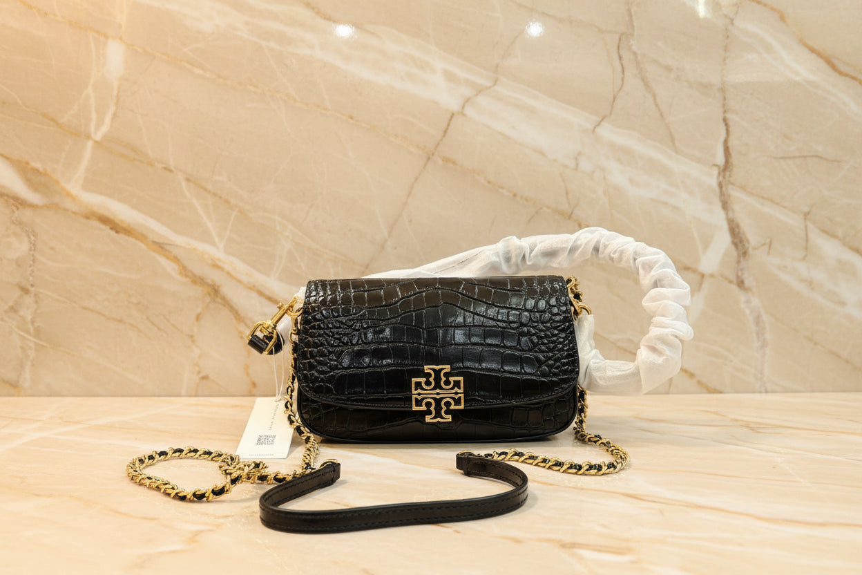TORY BURCH EMBOSSED CROC BRITTEN CONVERTIBLE SHOULDER BAG/XBODY BAG - BLACK