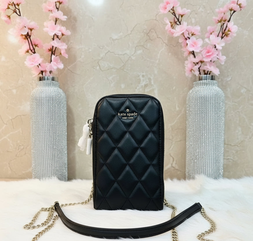 KATE SPADE CAREY NORTH SOUTH ZIP QUILTED PHONE CROSSBODY LEATHER - BLACK