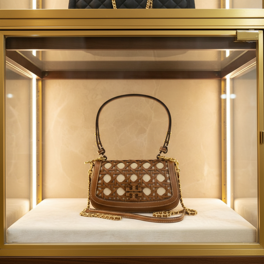 TORY BURCH BRITTEN  BASKET WEAVE CONVERTIBLE CRISSBODY/SHOULDER BAG - MOOSE COLOR