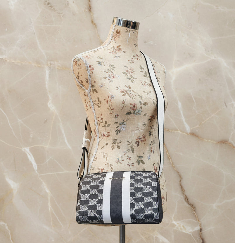 MICHAEL KORS COOPER MINI DUFFLE CROSSBODY IN SIGNATURE CANVAS STRIPE NWT BLACK MULTI