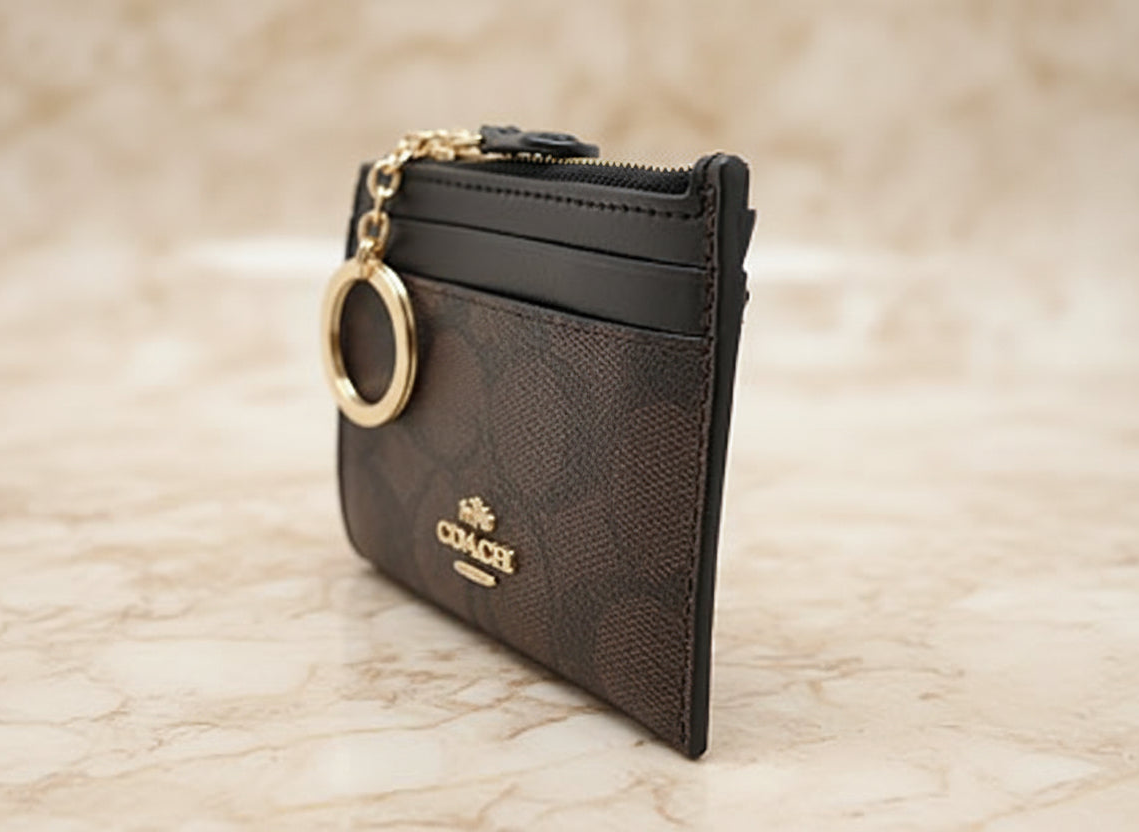 COACH SKINNY CARD CASE WITH KEY RING - SIGNATURE BROWN BLACK