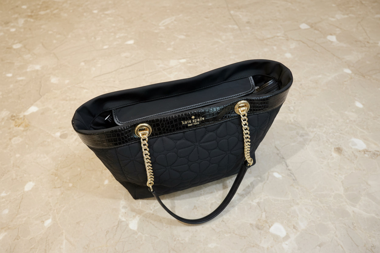 حقيبة كيت سبيد المبطنة والمزينة بالزهور - متوسطة الحجم - سوداء