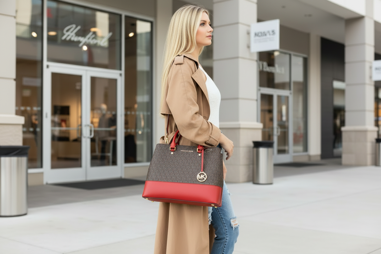 MICHAEL KORS SAVANNAH LARGE SATCHEL IN SIGNATURE BROWN/RED - SCARLET