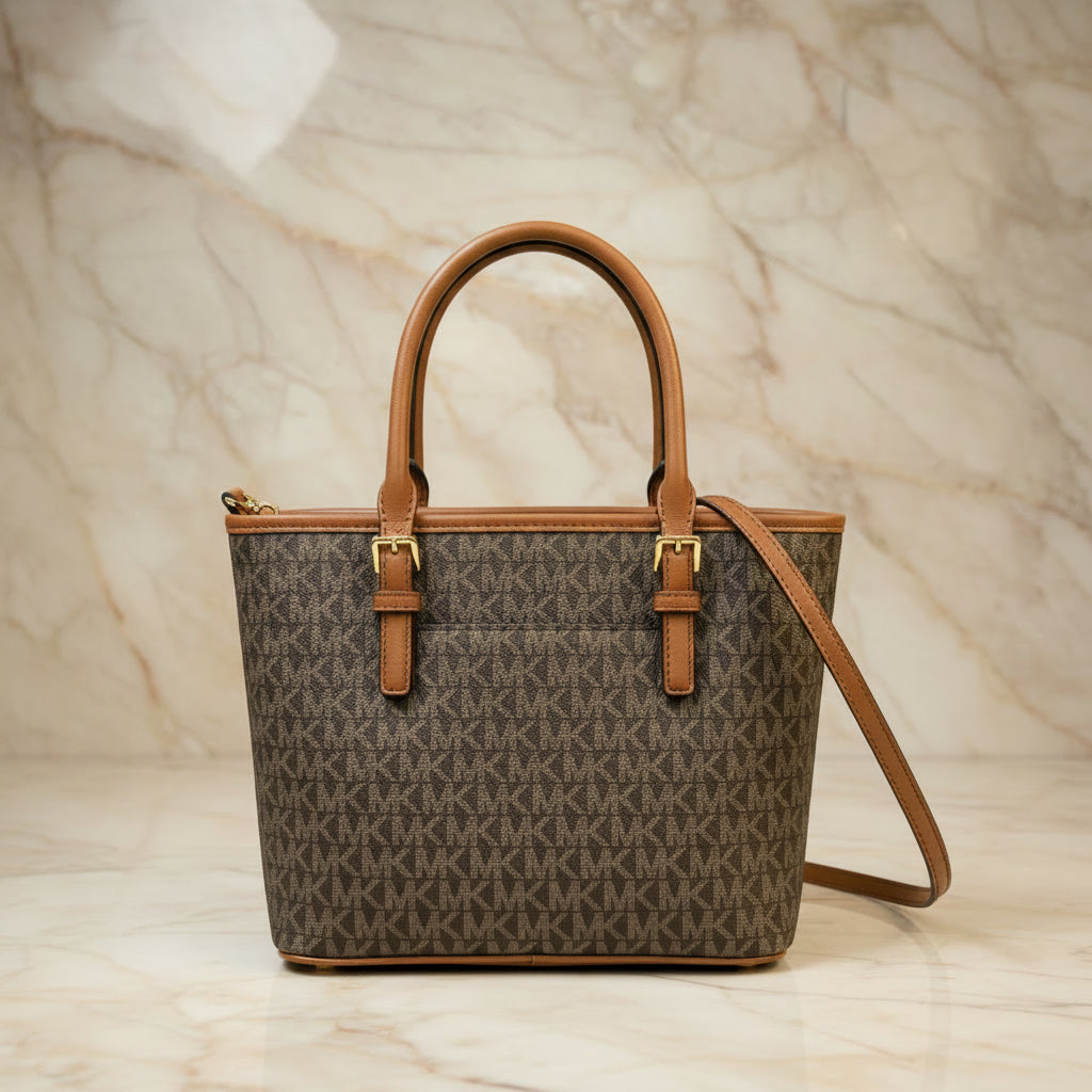 MICHAEL KORS XS JET SET CARRYALL TRAVEL ZIP TOTE - BLACK - BROWN MULTI WITH A TOUCH OF METTALIC GOLD