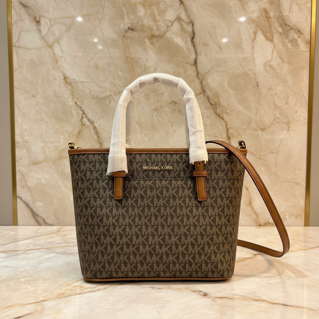 MICHAEL KORS XS JET SET CARRYALL TRAVEL ZIP TOTE - BLACK - BROWN MULTI WITH A TOUCH OF METTALIC GOLD