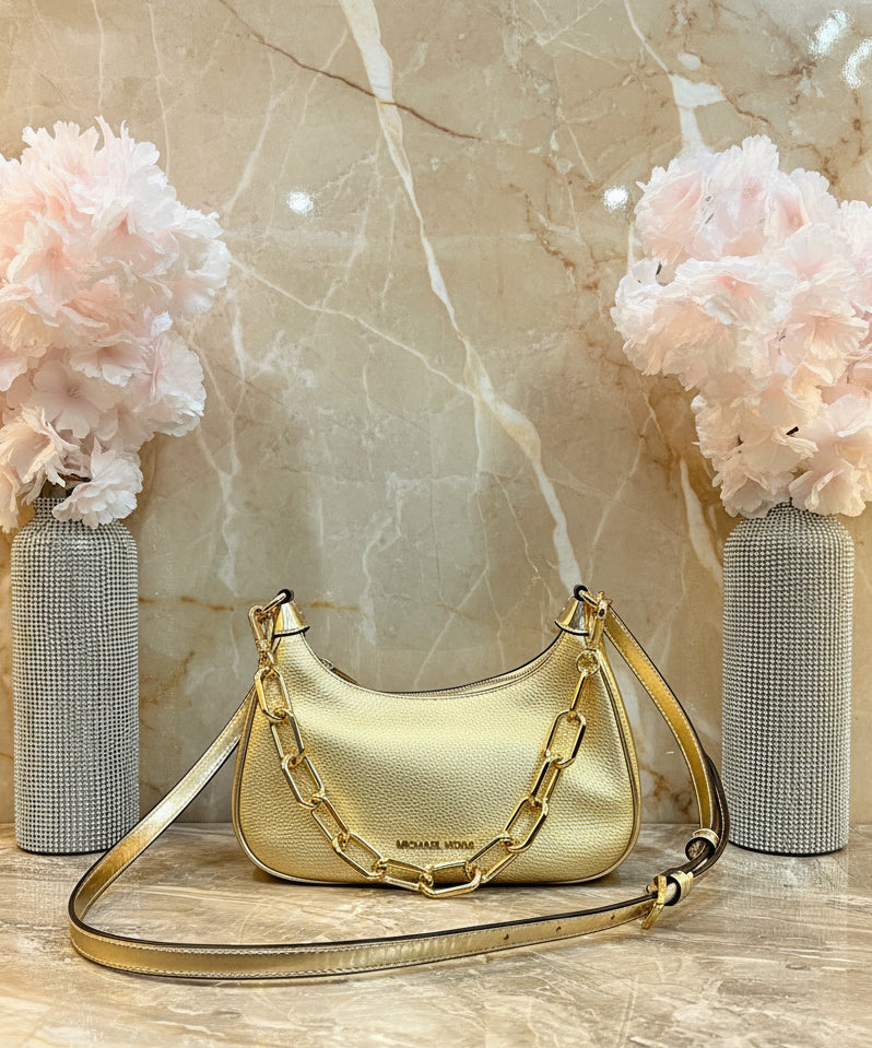 MICHAEL KORS MINI CORA CHAIN SHOULDER BAG/CROSBODY BAG - METTALIC PEBBLE GOLD