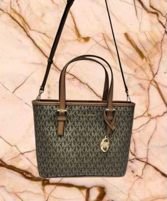 MICHAEL KORS XS JET SET CARRYALL TRAVEL ZIP TOTE - BLACK - BROWN MULTI WITH A TOUCH OF METTALIC GOLD