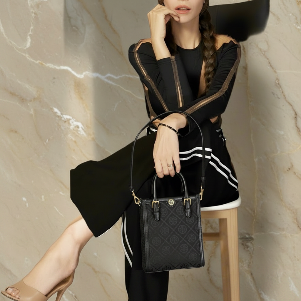 TORY BURCH MINI JACQUARD T MONOGRAM TOTE BLACK