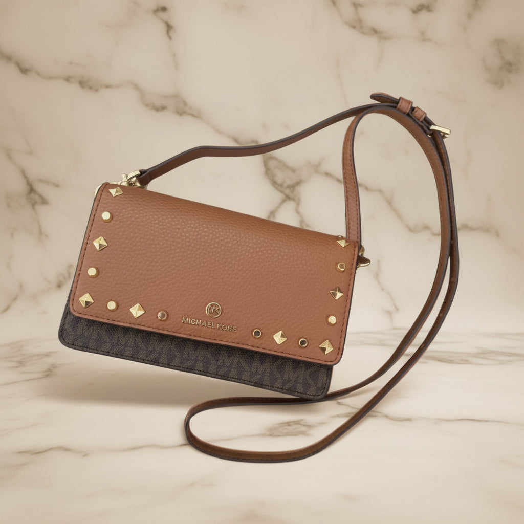 MICHAEL KORS Jet Set Small Studded Faux Leather & Logo Smartphone Crossbody Bag - SALE ‼️ With slight bumped in front ( From Boutique Store )