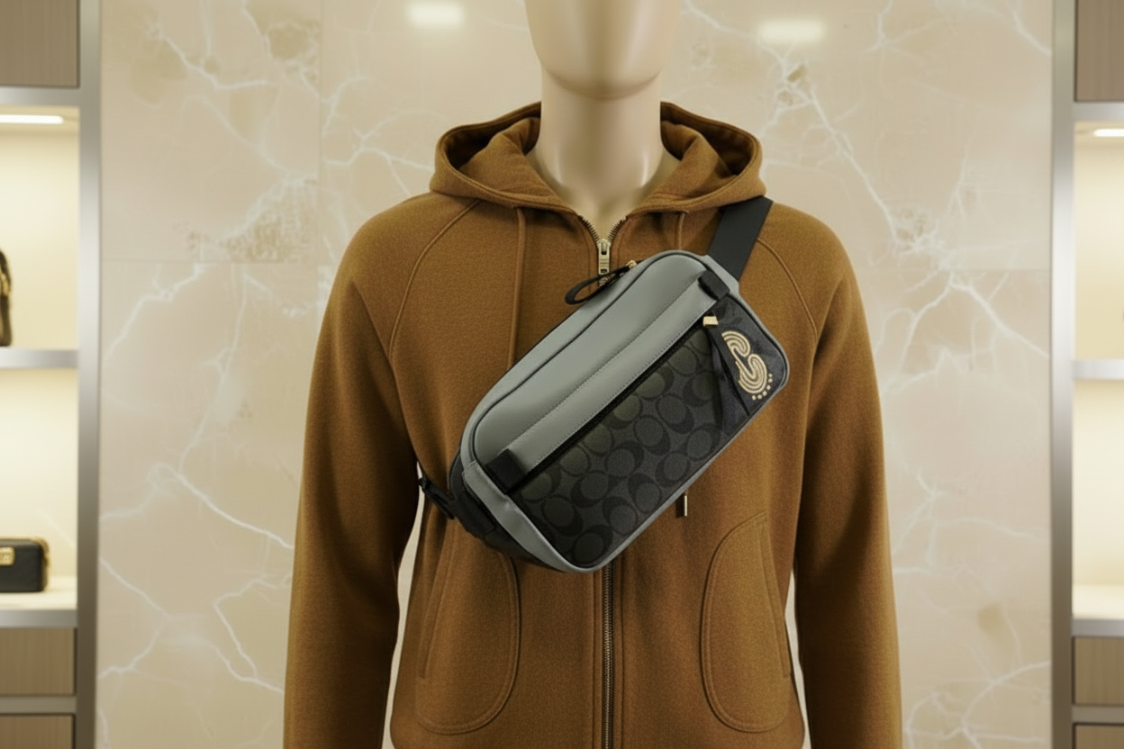 COACH EDGE BODYBAG/CHEST BAG COLORBLOCK BLUE & SIG CHARCOAL BLACK - WITH COAC PATCH