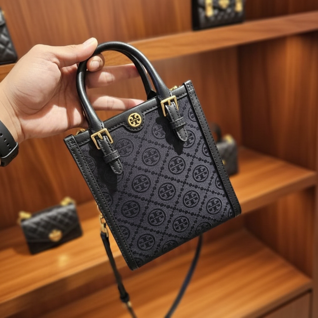 TORY BURCH MINI JACQUARD T MONOGRAM TOTE BLACK