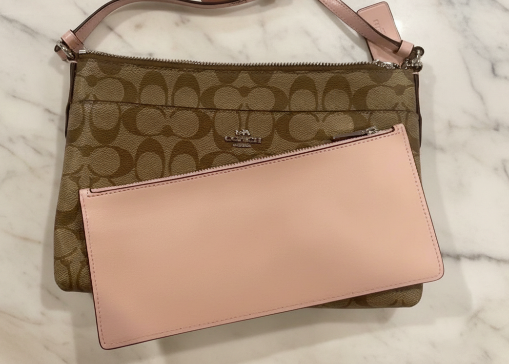 SALE‼️ COACH EAST WEST CROSSBODY WITH POP-UP POUCH KHAKI-PINK - WITH FLAWS/PEELED OFF/SCALED FROM THE CREED INSIDE, SEE PHOTO