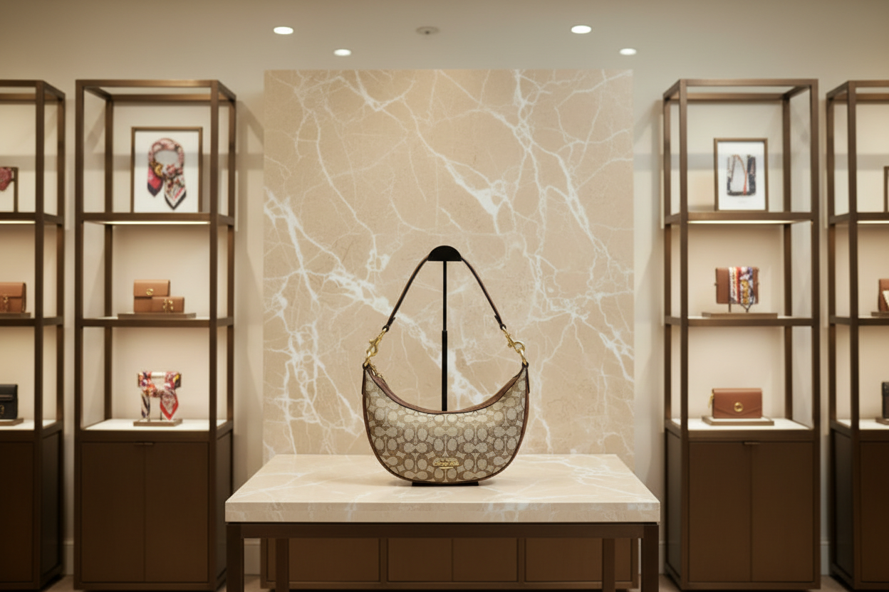 حقيبة كتف/حقيبة كروس بودي من كوتش آريا بنقشة جاكار مميزة باللون الكاكي