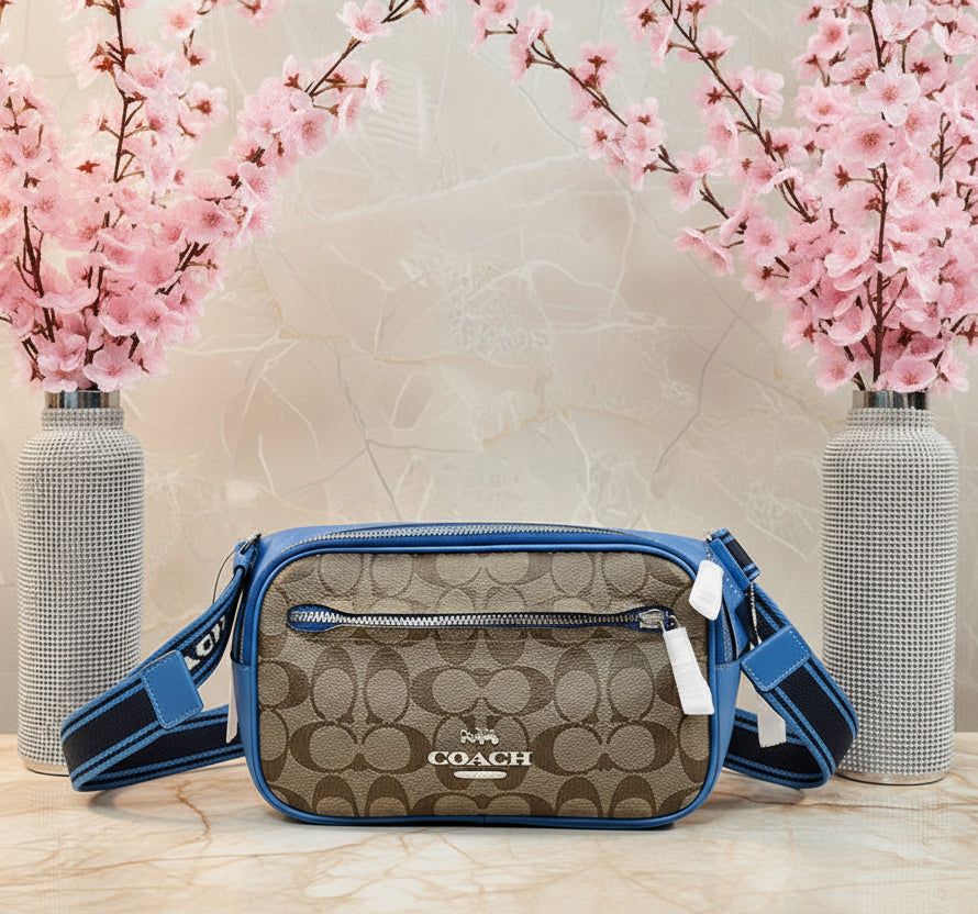 COACH ELIAS BELTBAG/ CHEST BAG/BODY BAG IN COLORBLOCK SIGNATURE CANVAS - KHAKI/RACER BLUE