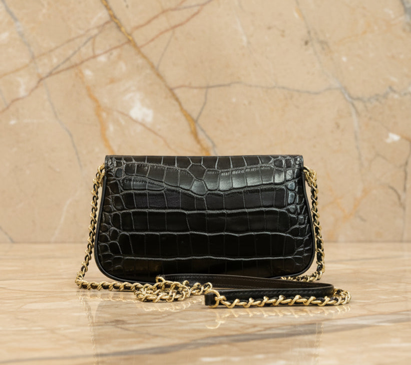 TORY BURCH EMBOSSED CROC BRITTEN CONVERTIBLE SHOULDER BAG/XBODY BAG - BLACK