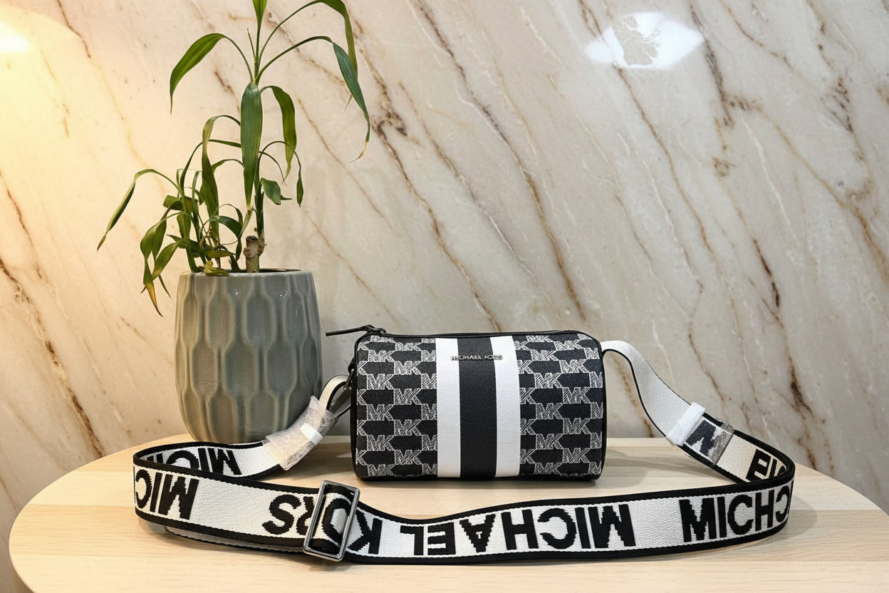 MICHAEL KORS COOPER MINI DUFFLE CROSSBODY IN SIGNATURE CANVAS STRIPE NWT BLACK MULTI