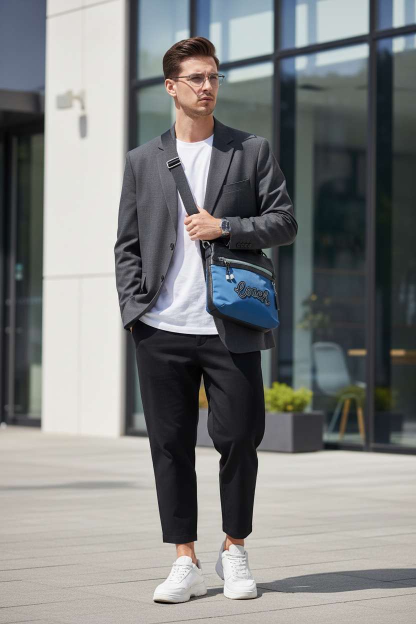 حقيبة كروسبودي من كوتش فال فايل - نايلون/جلد محبب، لون أزرق سماوي متعدد الألوان