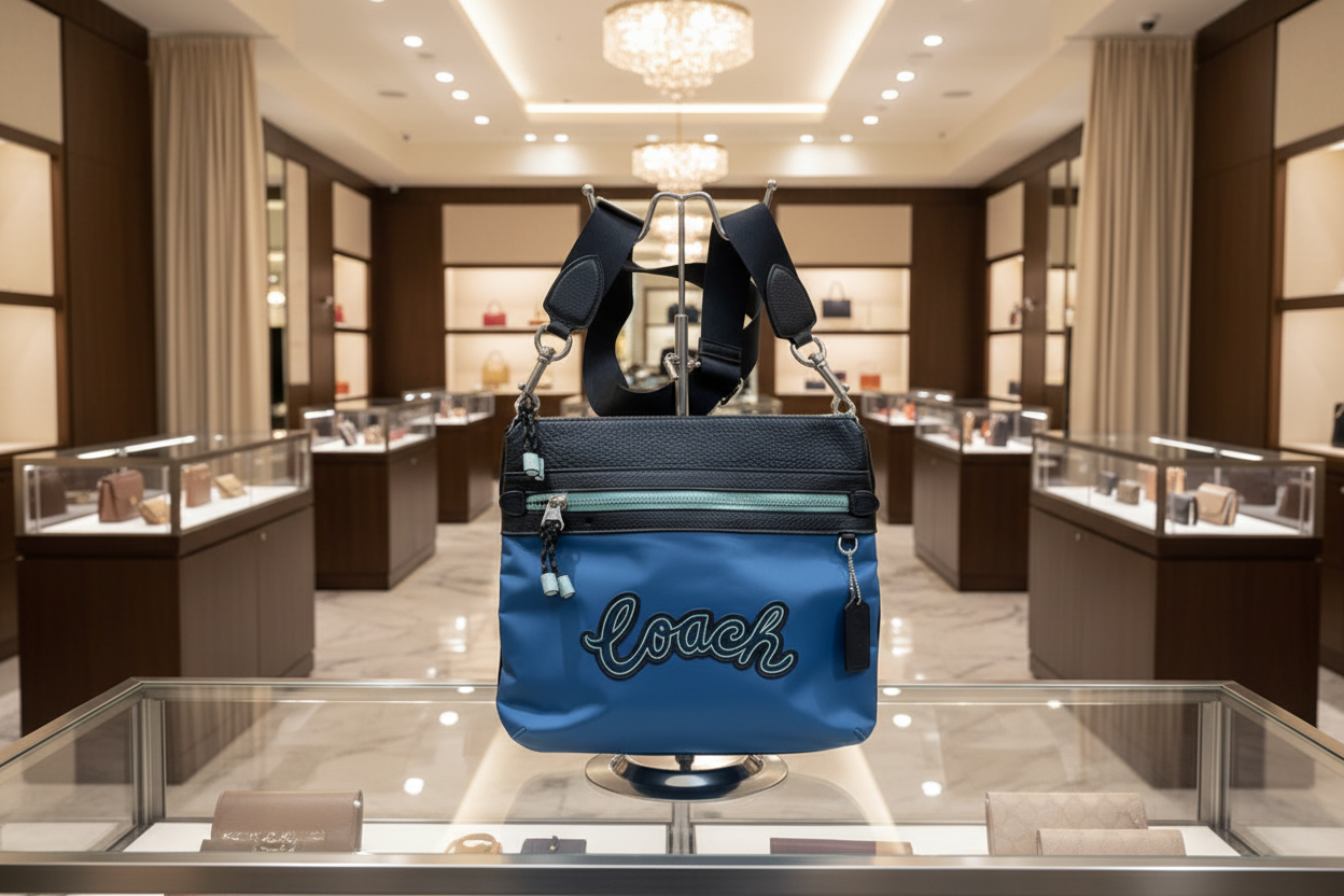 حقيبة كروسبودي من كوتش فال فايل - نايلون/جلد محبب، لون أزرق سماوي متعدد الألوان