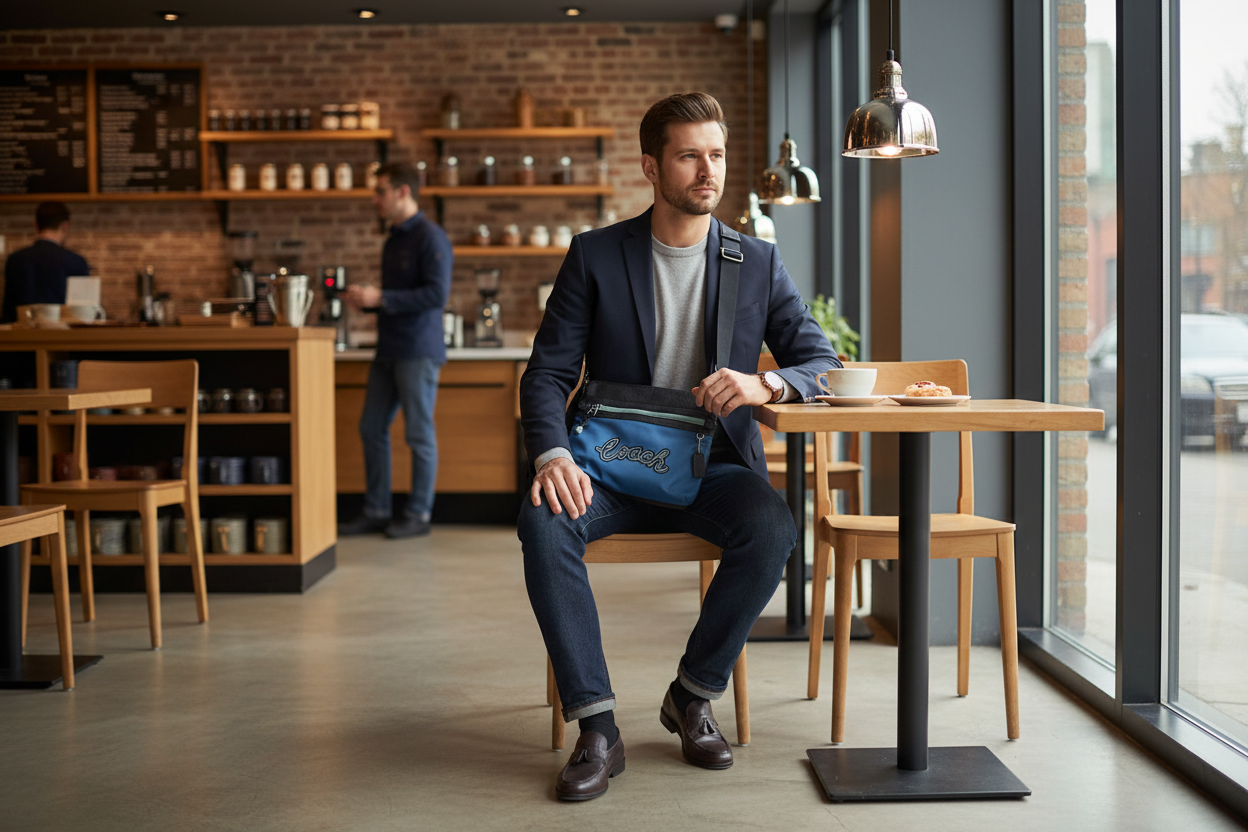 حقيبة كروسبودي من كوتش فال فايل - نايلون/جلد محبب، لون أزرق سماوي متعدد الألوان