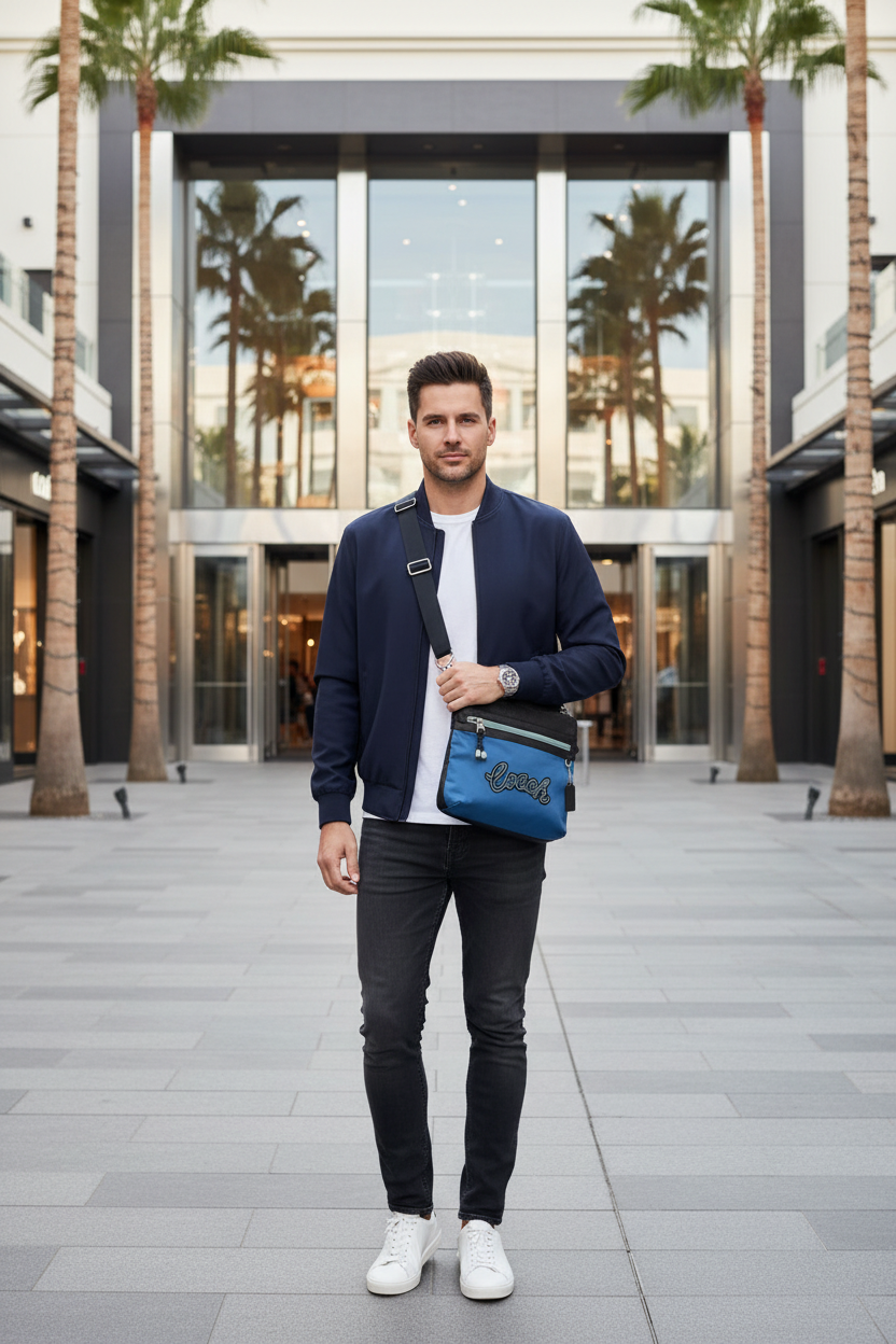 حقيبة كروسبودي من كوتش فال فايل - نايلون/جلد محبب، لون أزرق سماوي متعدد الألوان