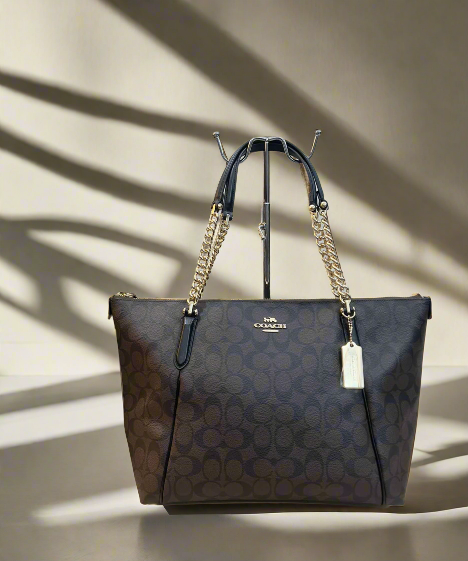 COACH AVA LARGE ZIP TOP TOTE IN SIGNATURE BLACK BROWN