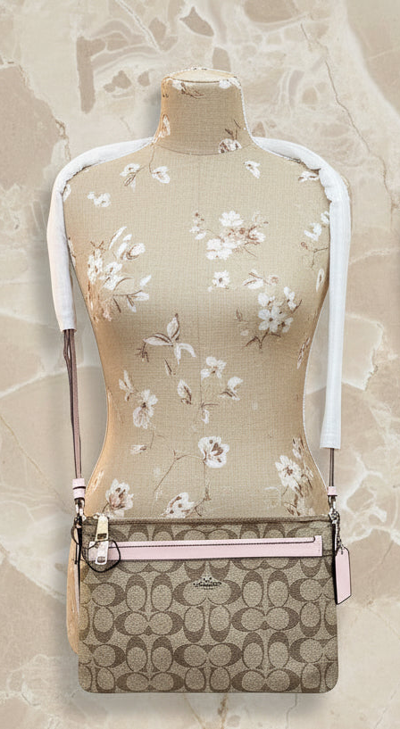 SALE‼️ COACH EAST WEST CROSSBODY WITH POP-UP POUCH KHAKI-PINK - WITH FLAWS/PEELED OFF/SCALED FROM THE CREED INSIDE, SEE PHOTO
