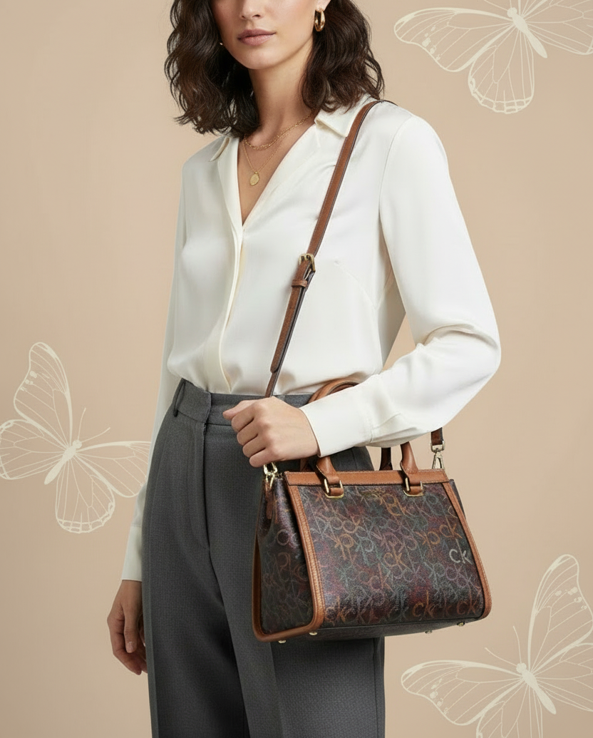 CALVIN KLEIN BUNDLE BAG & LONG WALLET JANAE SATCHEL CROSSBODY BAG IN SIGNATURE BROWN